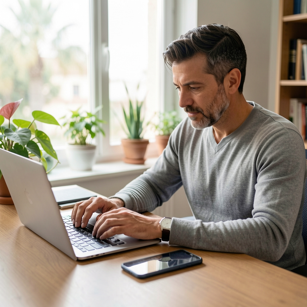Adulto argentino alternando entre una computadora portátil y un smartphone en una mesa de trabajo